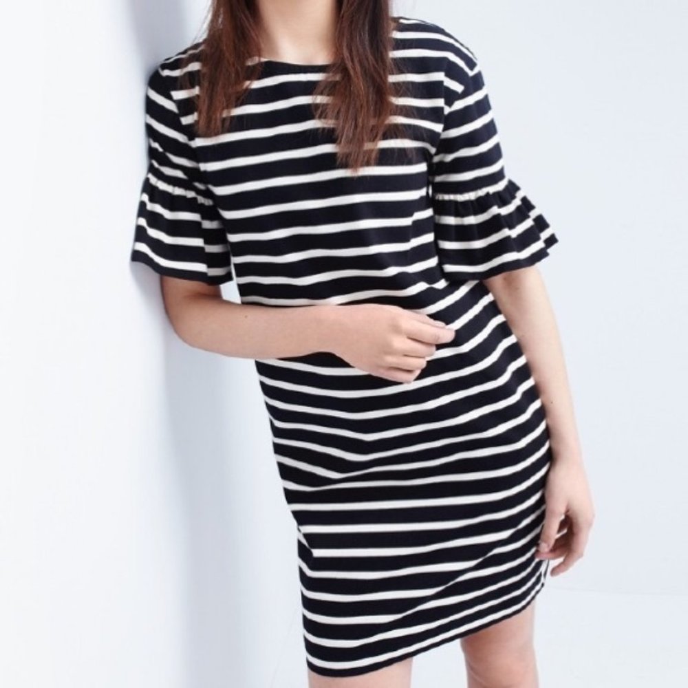 J. Crew Striped Bell Sleeve Shift T-Shirt Dress Size M Black White